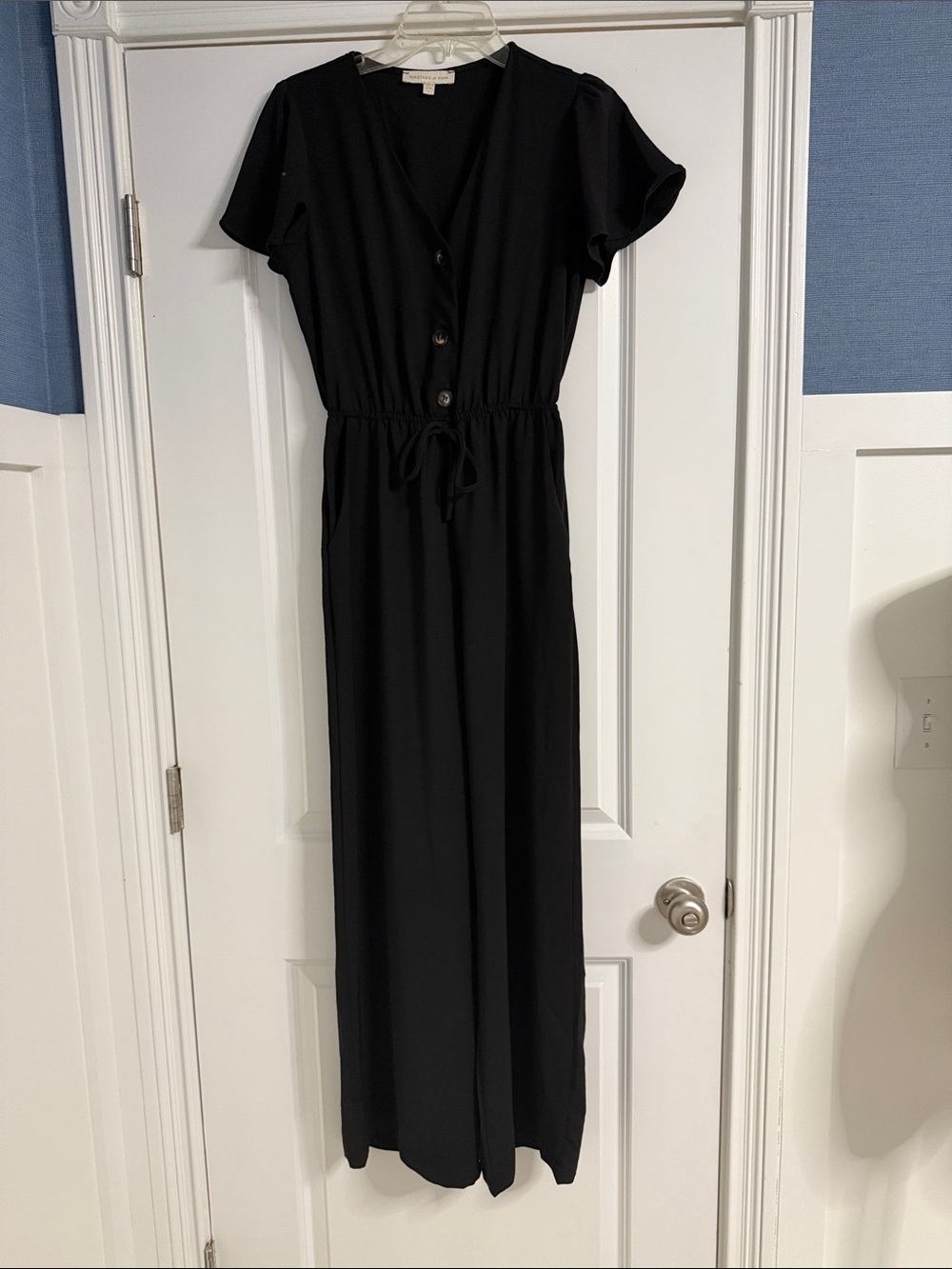 Monteau Black V-Neck Button Front Jumpsuit with Tie Waist